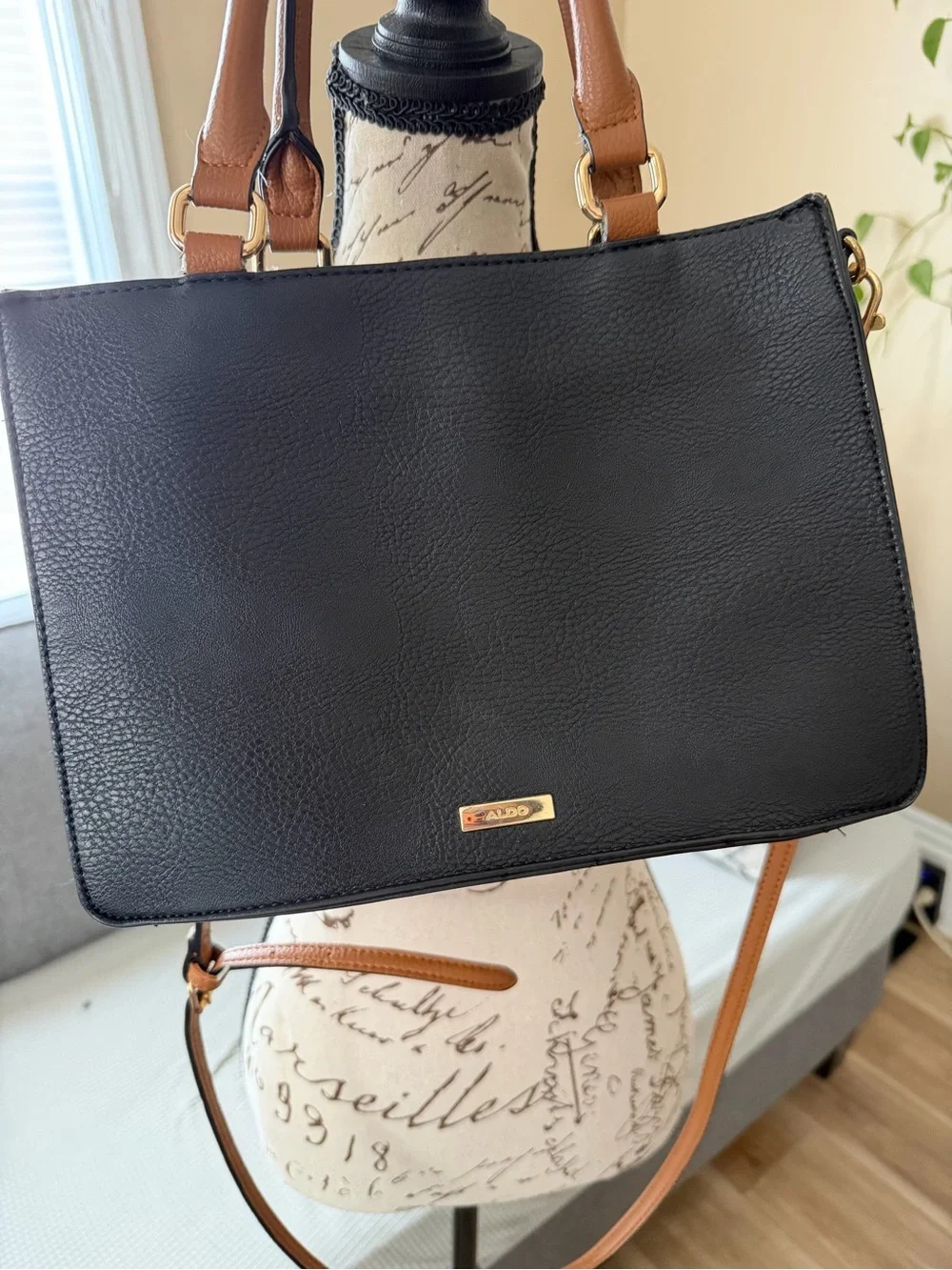 ALDO Black, Cream & Brown Colorblock Structured Satchel